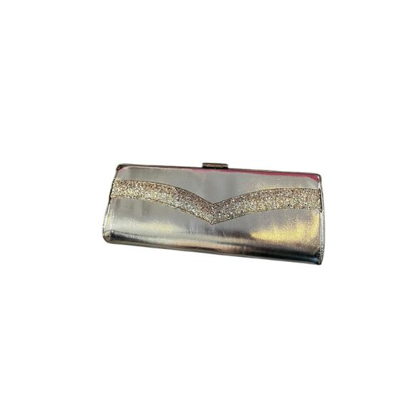 Vintage Silver Glitter Chevron Evening Clutch Purse Metallic Glam Bag - Picture 1 of 5